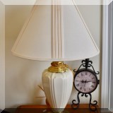 DL04. Pair of ivory porcelain lamps with brass shou finials. 31.5”h 